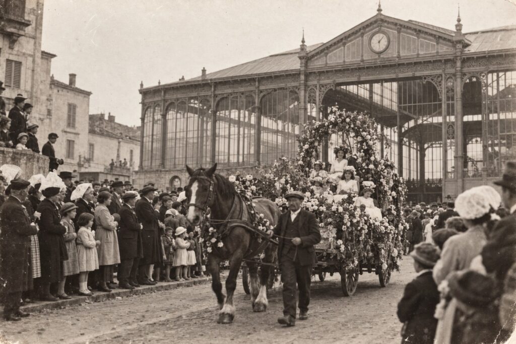 Illustration IA : la fête des fleurs devant les Halles vers 1930