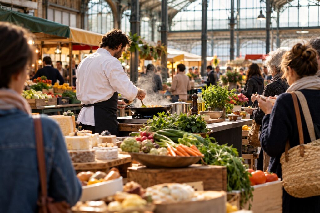 Illustration IA : un chef cuisinant au marché, « Les Halles en cuisine »